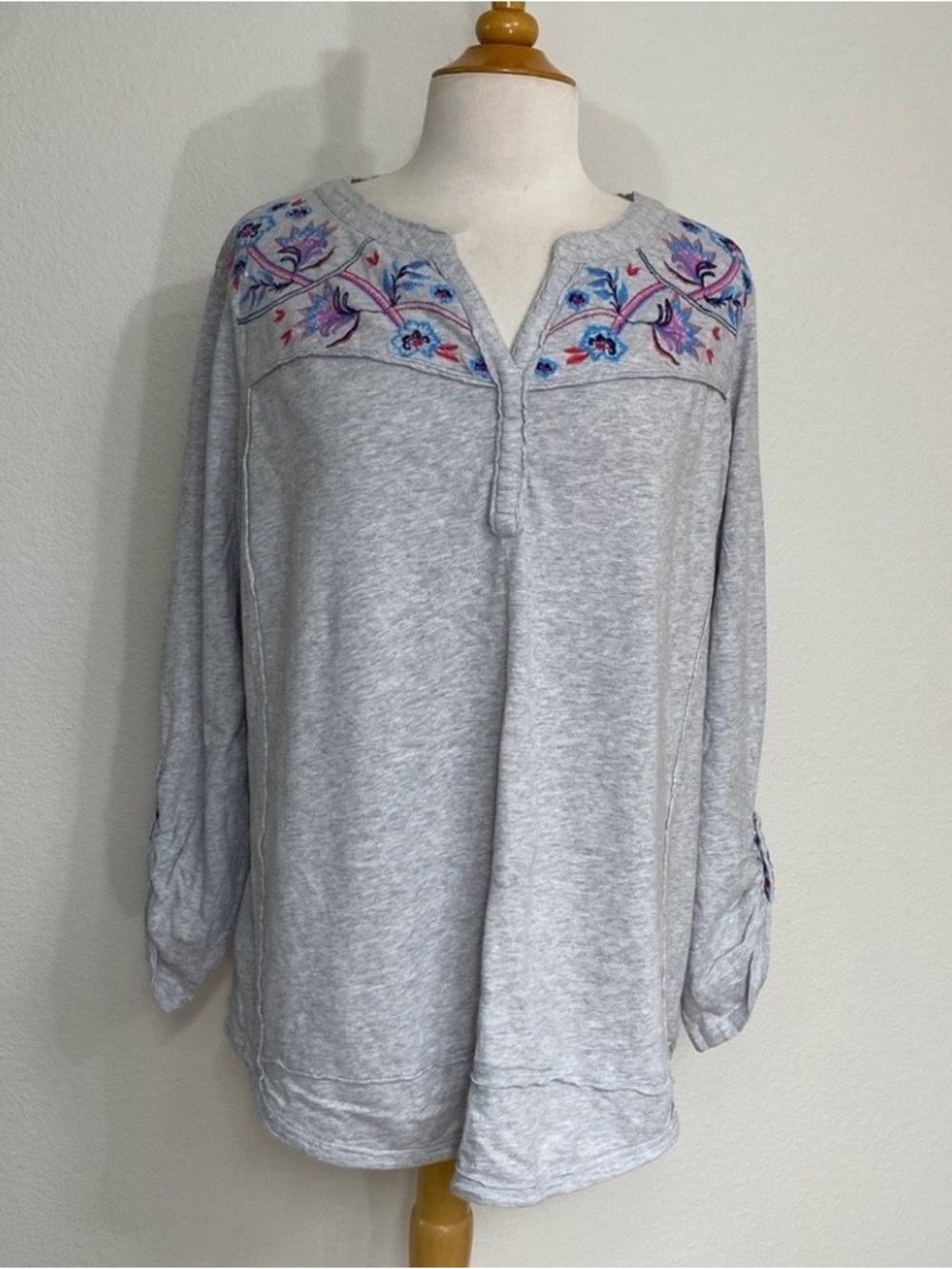 Style & Co. Womens Gray Floral Embroidered 3/4 Sleeve Stretch T-Shirt Size L